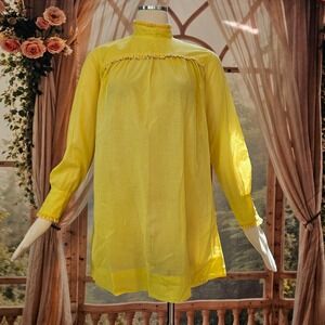 Vintage 1960s Dress Shift Ladybug Yellow Swiss Dot Ruffle High Neck Mini Dress
